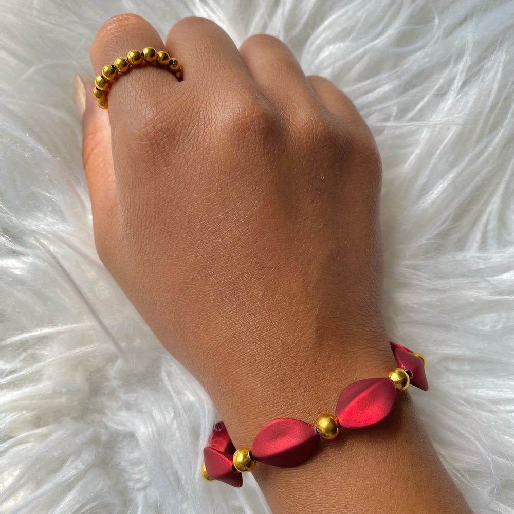 Red and gold bead bracelet, with matching ring